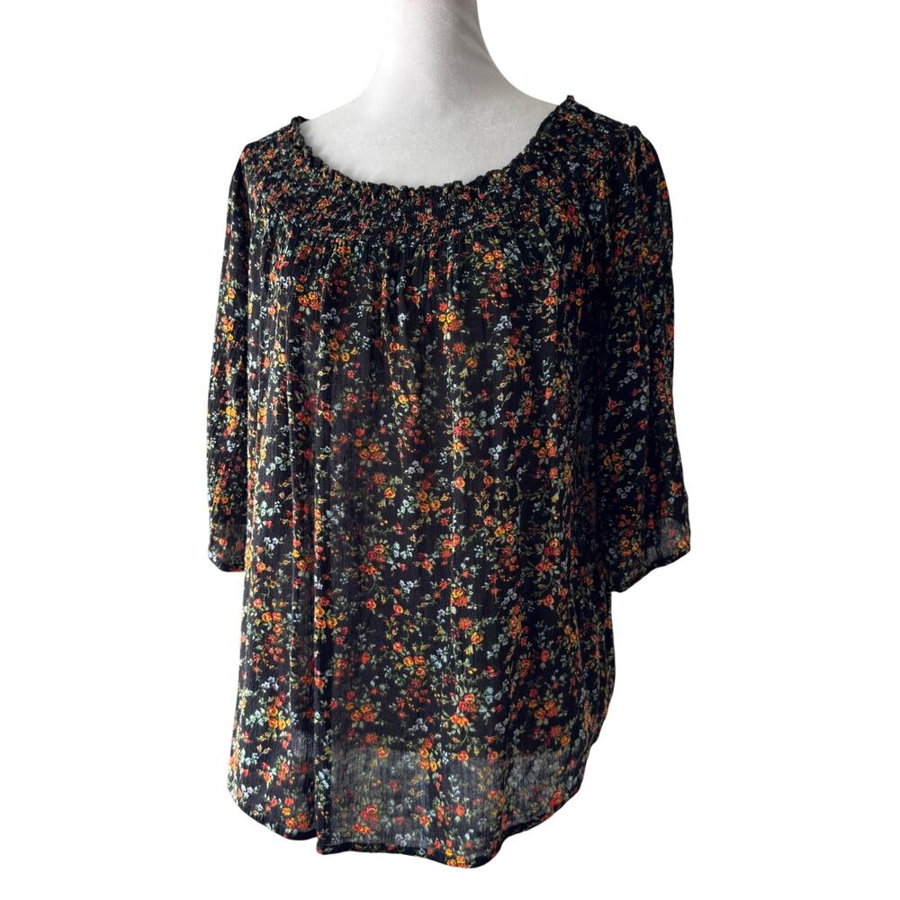 Bailey & Chloe Black Floral Print Scoop Neck 3/4 Sleeve Blouse